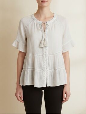 ZAC & RACHEL Beige Scoop Neck Ruffle Short Sleeve Button-Up Peasant Top Boho S